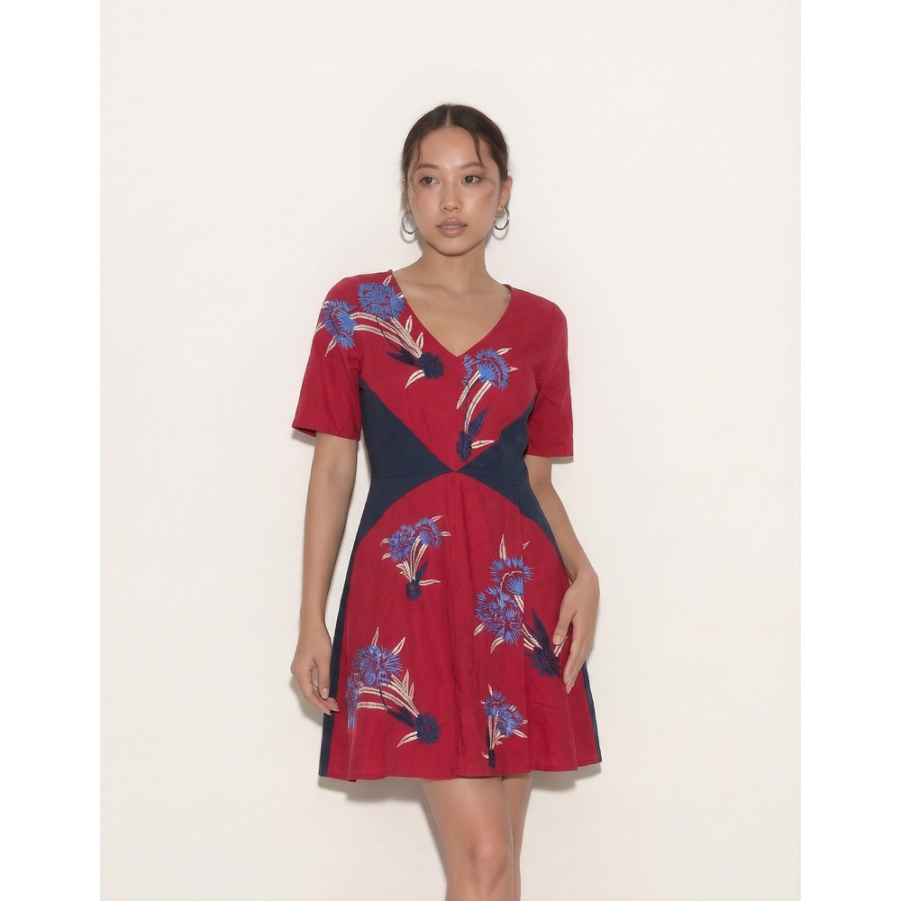 eShakti Floral Embroidered Fit & Flare Dress 6 Red Navy Blue Short Sleeve Cotton